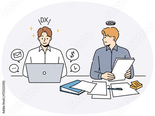 Frustrated male employee look at colleague efficient working on computer with DX conversion. Confused worker with paperwork and efficient one comparison. Vector illustration.