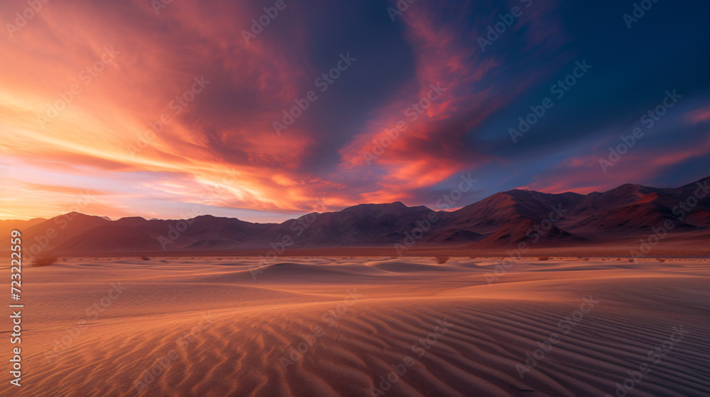 An arid desert at sunset with long shadows and a fiery sky.
