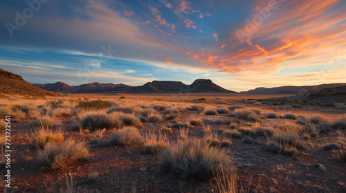 An arid desert at sunset with long shadows and a fiery sky.