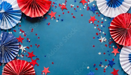 4th of july usa presidents day independence day memorial day us election concept red white and blue paper fans with stars confetti on blue background flat lay top view copy space banner photo