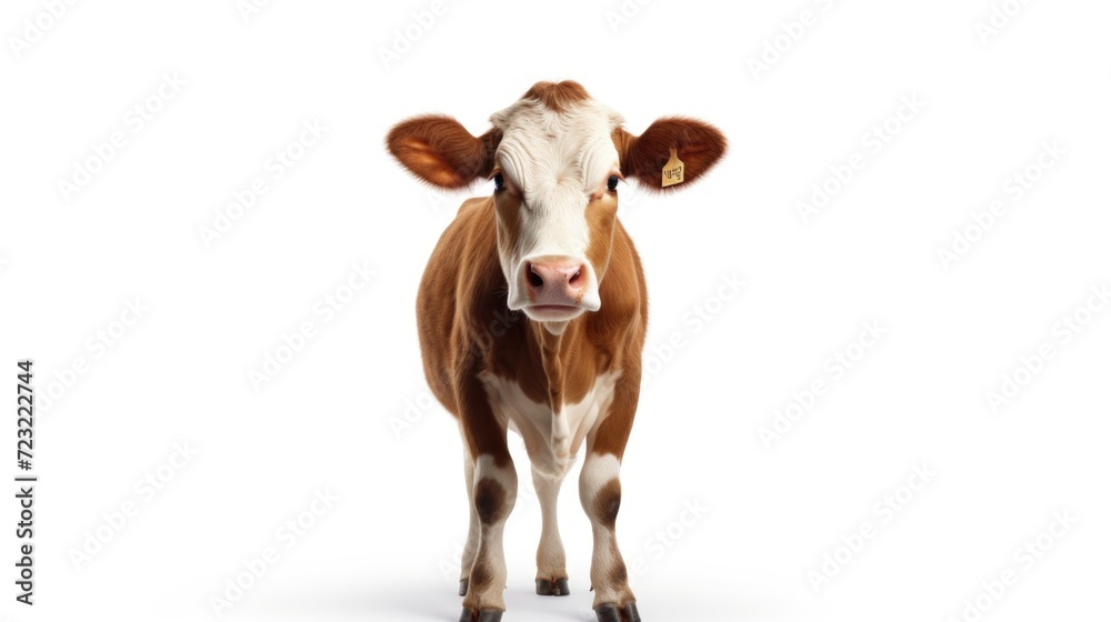 A brown and white cow standing in front of a plain white background. Suitable for agricultural or farm-related projects