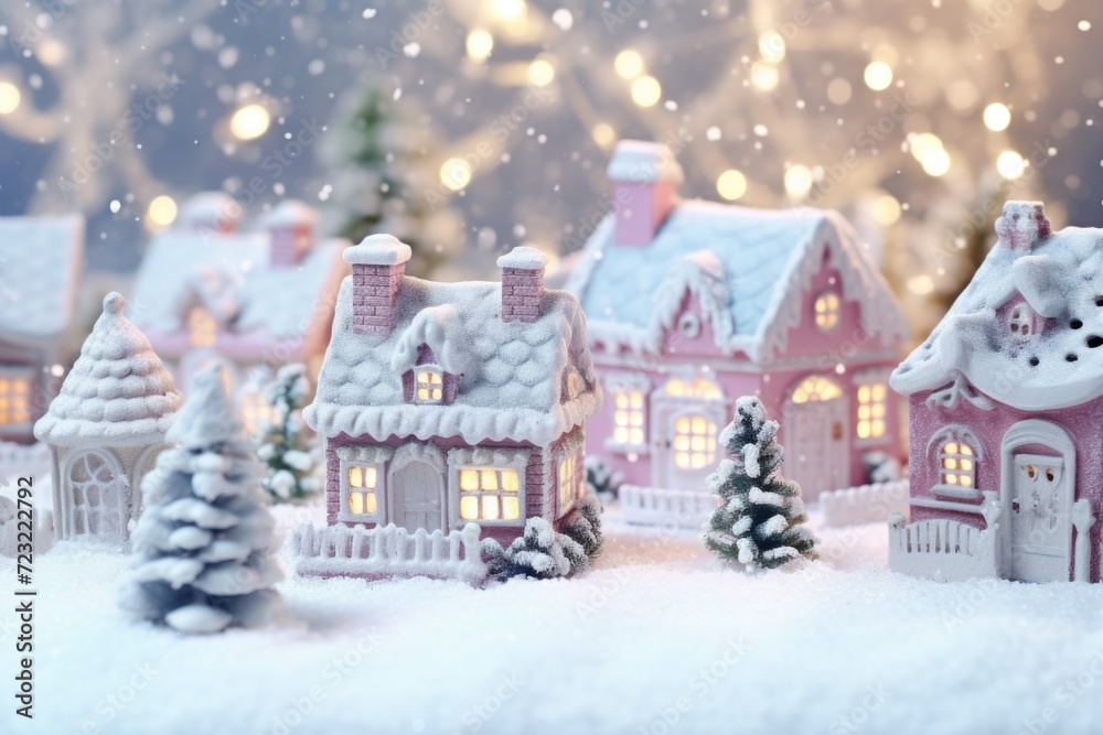 A group of miniature houses covered in snow. Perfect for winter-themed designs
