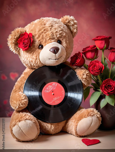 Romantic Valentine's Day Gift - Cuddly Teddy Bear and Vintage Vinyl Record on Floral Gradient Background Gen AI photo