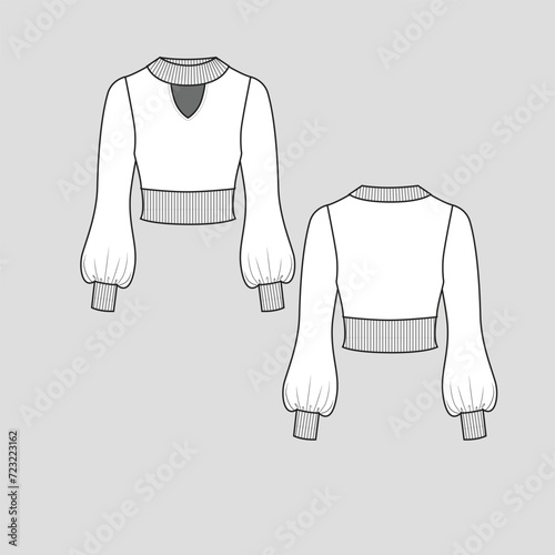 Ribbed keyhole crop top high neck balloon long sleeve with cuffs rib cropped fashion t shirt top blouse flat sketch technical drawing template design vector