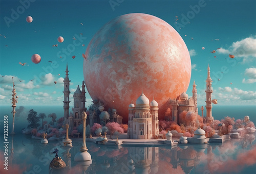 view of the city in the sci-fi world, peach fuzz, strange building, the blue background, 