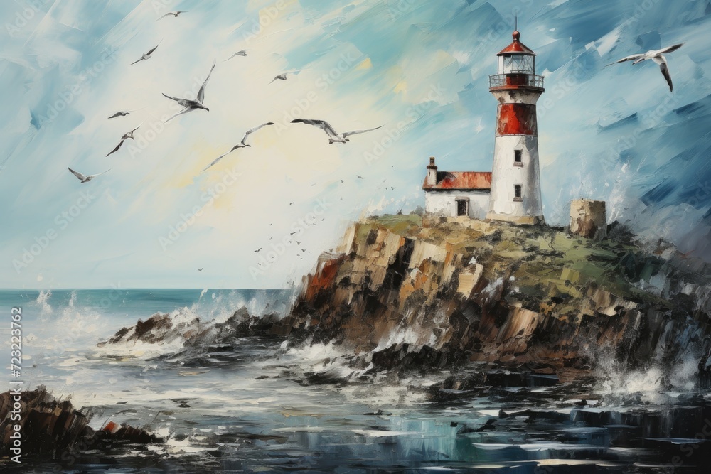 A painting of a lighthouse with seagulls flying around. Suitable for coastal-themed designs