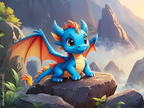 high quality  a illustration cute dragon on a rock