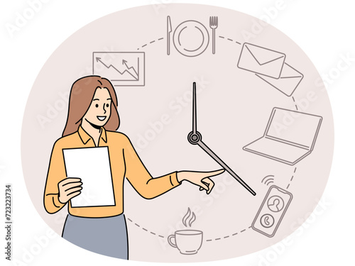 Smiling businesswoman with clock pointing at different activities. Happy female employee or worker engaged in time management. Vector illustration.