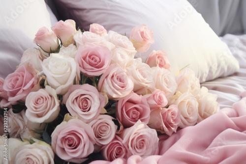 A beautiful bouquet of pink and white roses placed on a bed. This image can be used to depict romance  love  or as a decoration for weddings and special occasions