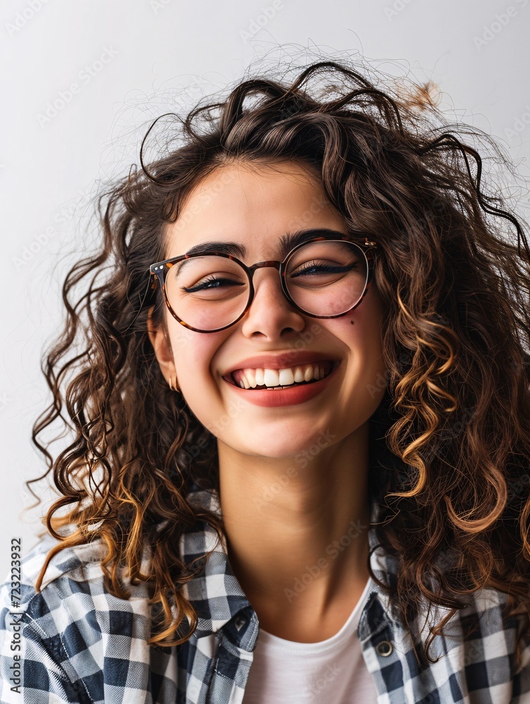 Obraz premium Youthful, beaming, optimistic female model exudes joy, cuteness and cheerfulness, with curly locks, laughing and enjoying herself, feeling content and vibrant