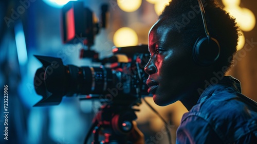 A young Black cameraman filming with a high-quality camera in dim studio. photo