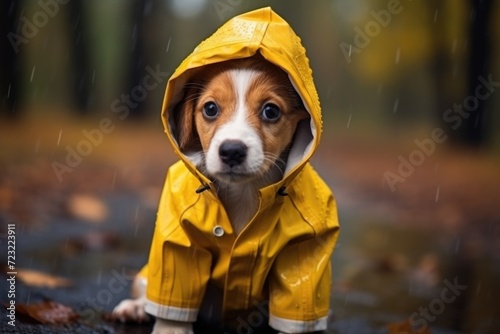 A small dog wearing a yellow raincoat standing in the rain. Suitable for pet-related articles or rainy day themes