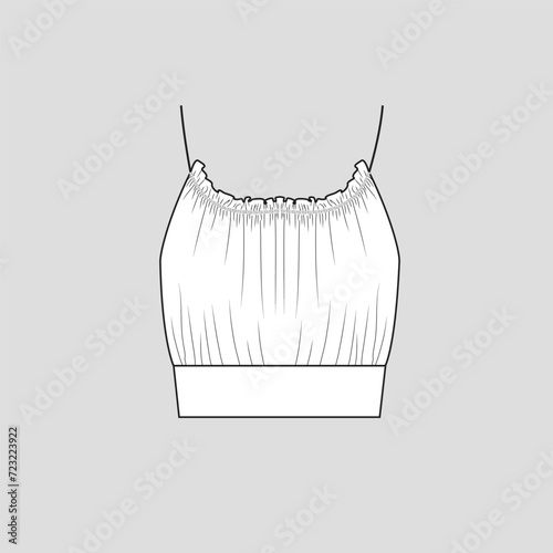 Ruched Ruffle frills Camisole crop top waist Panel Gathering shirred detail gathering frill halter neck Cropped fashion t shirt top blouse flat sketch technical drawing template vector