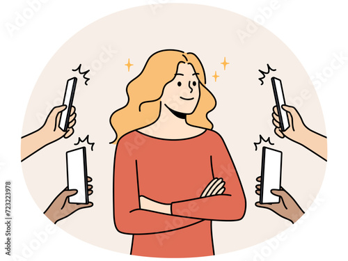 Numerous people with cellphones photograph smiling confident woman. Happy female celebrity photographed with smartphones social media. Vector illustration.