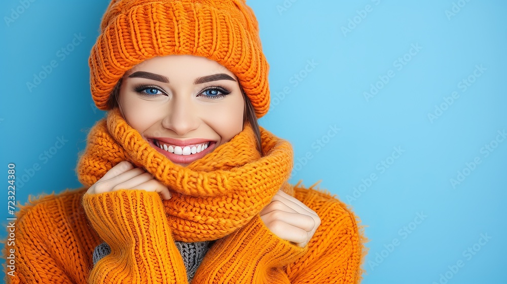 Happy woman in scarf and knitted hat, looking away, isolated on pastel background with copy space Happy woman in scarf and knitted hat, looking away, isolated on pastel background with copy space
