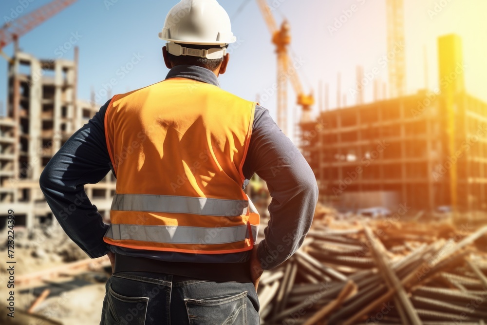 A construction worker standing in front of a construction site. Ideal for showcasing construction projects and the work of construction workers A construction worker standing in front of a construction site. Ideal for showcasing construction projects and the work of construction workers