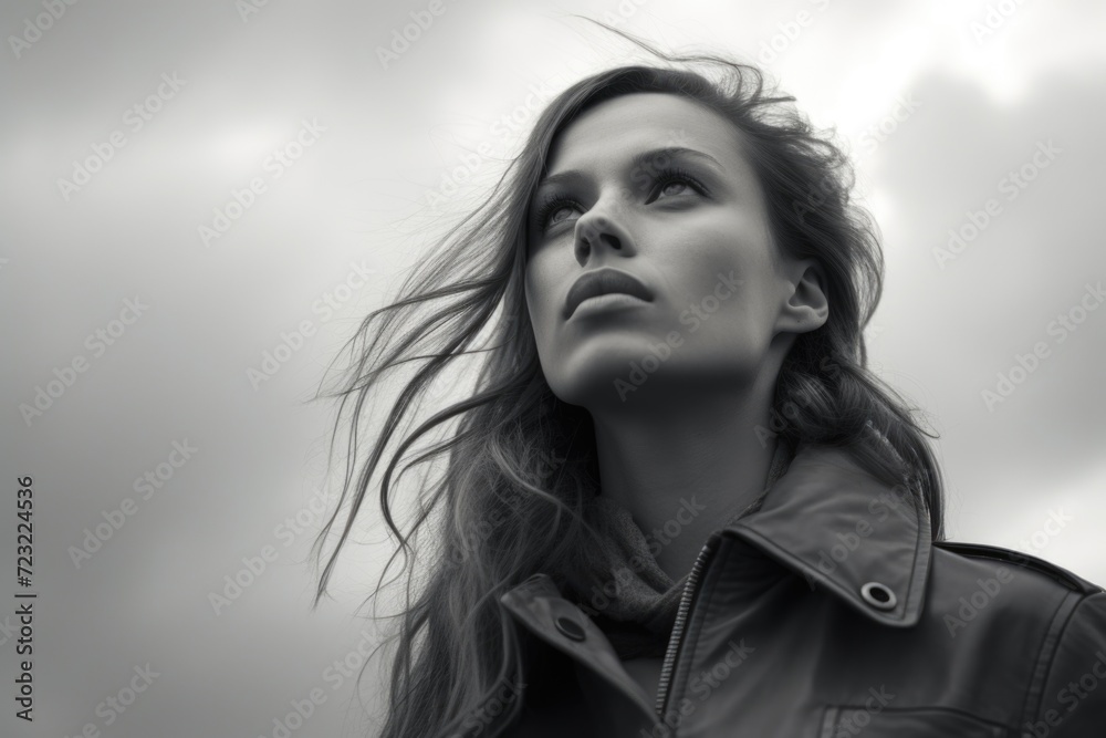 A black and white photo of a woman with long hair. Suitable for various creative projects A black and white photo of a woman with long hair. Suitable for various creative projects