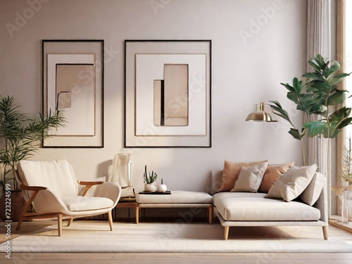 Two vertical ISO A0 frame mockup, reflective glass, mockup poster on the wall of living room. Interior mockup. Apartment background. Modern Japandi interior design. 3D render. best design in adboe sto photo