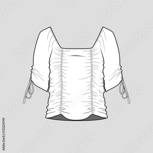 Ruched Shirred knotted top Sqaure neck Elbow gathering sleeve knot tie detail  elastic gathering fashion t shirt top blouse flat sketch technical drawing template design vector