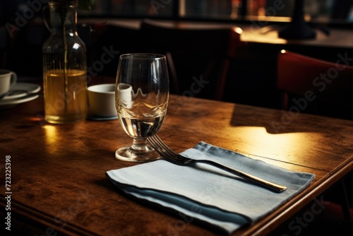 A simple and elegant image of a table with a glass of wine and a napkin. Perfect for restaurant menus or wine-related articles