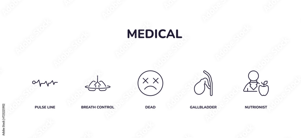 editable outline icons set. thin line icons from medical collection. linear icons included pulse line, breath control, dead, gallbladder, nutrionist - obrazy, fototapety, plakaty 