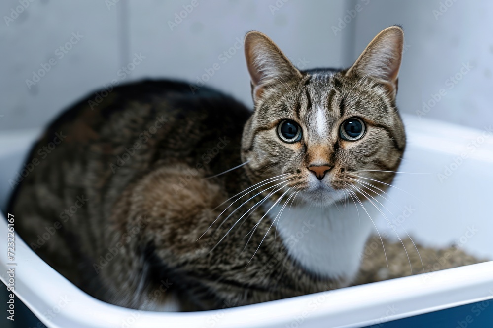 A house cat is used to a litter box instead of a toilet