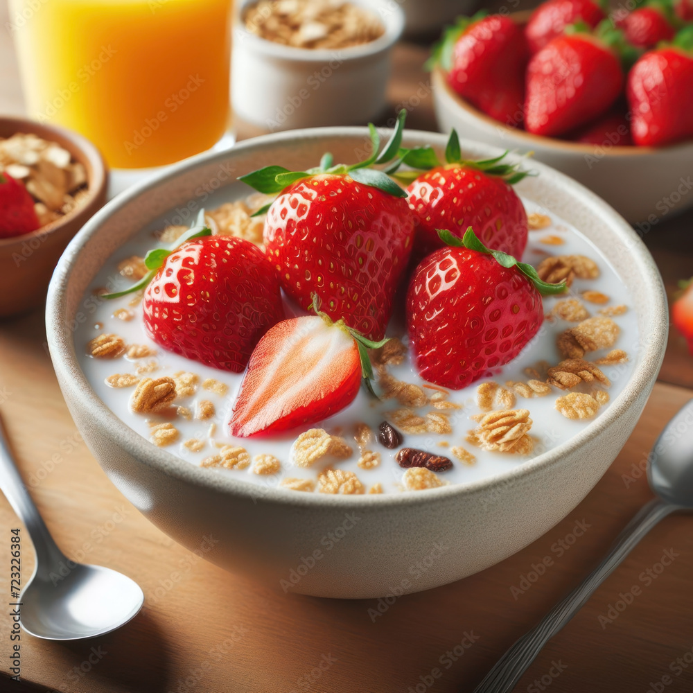 Breakfast with Strawberries and Cereal and Juice Breakfast with Strawberries and Cereal and Juice