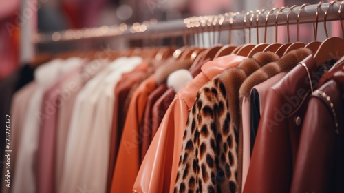 A row of clothes hanging on a rack. Perfect for showcasing different clothing options or displaying fashion trends photo