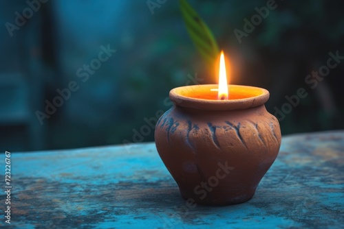 A lit candle in a clay urn