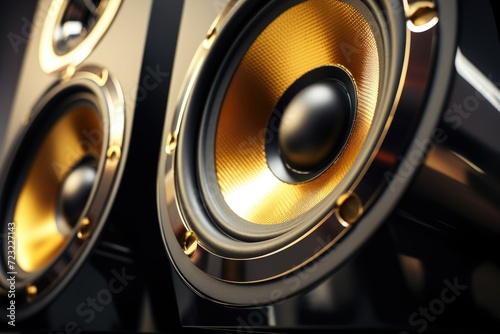 A detailed close-up view of a pair of speakers. This image can be used to showcase audio equipment or to illustrate the concept of sound and music