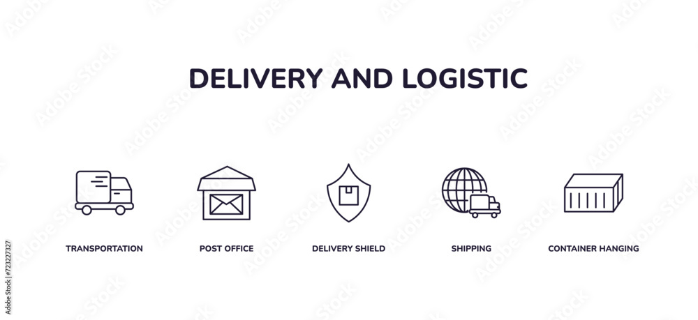 editable outline icons set. thin line icons from delivery and logistic collection. linear icons included transportation, post office, delivery shield, shipping, container hanging - obrazy, fototapety, plakaty 
