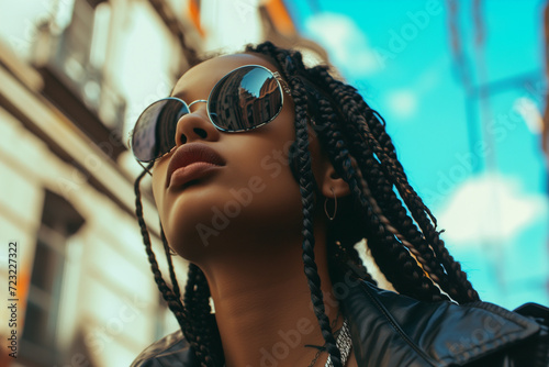 A ravishing young black female with dreadlocks and eyeglasses in the street; a portrait of a dazzling African woman with dreads and in glasses. Portrait of Afro Student.