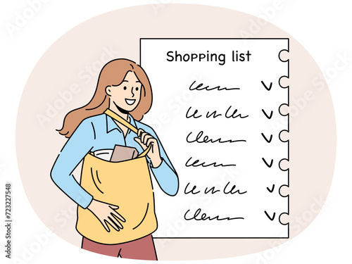 Smiling woman with shopping list doing groceries. Happy female with bag full of products check items in buying plan on paper. Vector illustration.