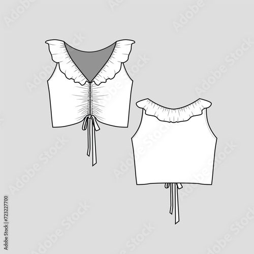 Ruffles Elastic Gathering knotted lace up crop top Sleeveless cropped knot tie  Fashion t shirt top blouse Flat Sketch Technical Drawing Template Vector Design