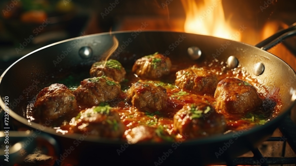 A pan filled with delicious meatballs covered in savory sauce. Perfect for a hearty meal or a family gathering A pan filled with delicious meatballs covered in savory sauce. Perfect for a hearty meal or a family gathering