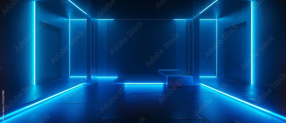 Sleek studio design with a charcoal black abstract zone, enhanced with blue neon lighting, offering a cool, futuristic atmosphere
