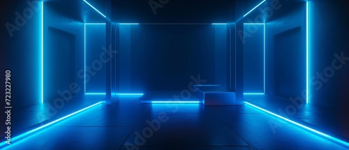 Sleek studio design with a charcoal black abstract zone, enhanced with blue neon lighting, offering a cool, futuristic atmosphere