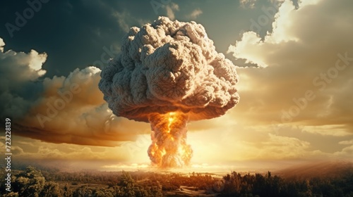A colossal mushroom cloud fills the sky, depicting a devastating explosion. This image can be used to illustrate the destructive power of nuclear weapons or the aftermath of a catastrophic event. photo