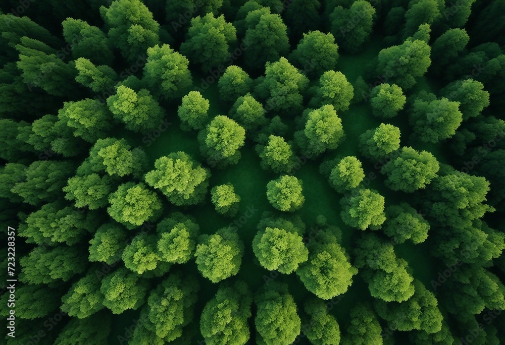 Aerial top view of green forest and forest trail Drone view of green trees captures CO2 Green trees