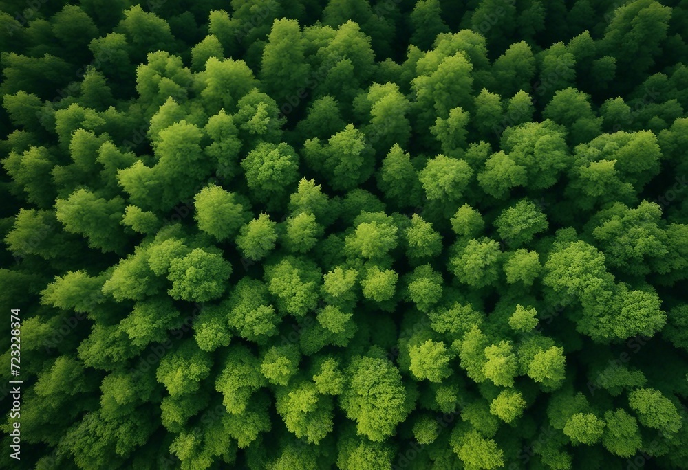 Aerial top view of green forest and forest trail Drone view of green trees captures CO2 Green trees - obrazy, fototapety, plakaty 