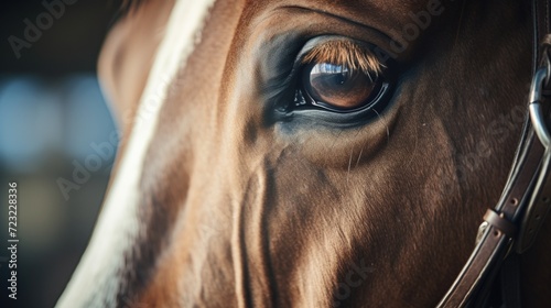 A close-up view of a horse's eye with a bridle. This image can be used to depict the beauty and elegance of horses, as well as the connection between humans and animals © Fotograf