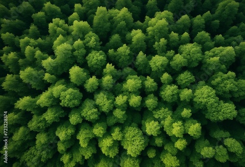 Aerial top view of green forest and forest trail Drone view of green trees captures CO2 Green trees