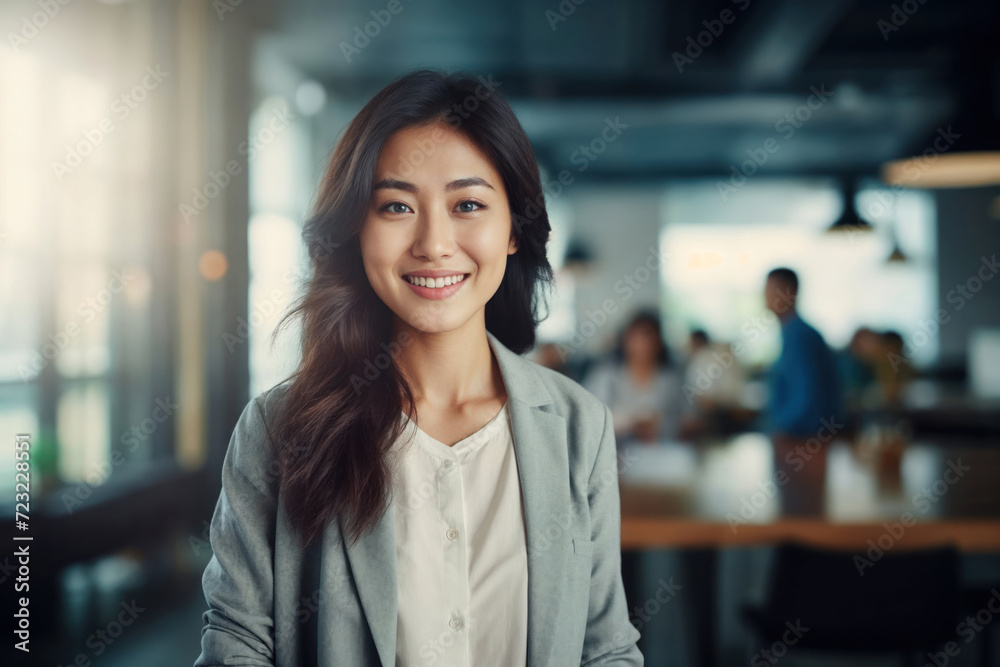Beautiful Asian lady in business attire smiling in the city office smiling happily and confidently