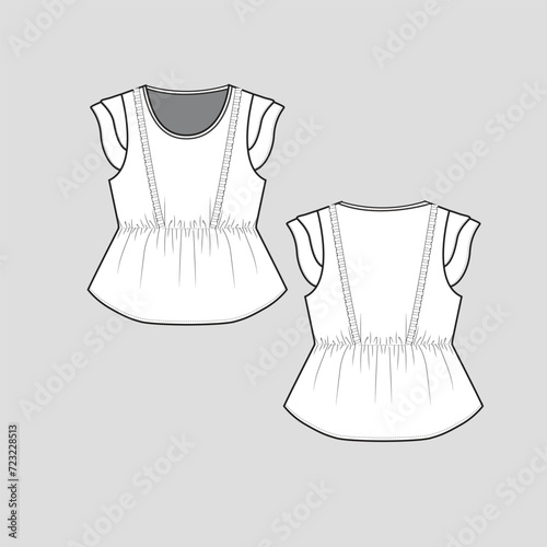 Ruffles Frill Gathering top Crew neck waist elastic Gathering tiered ruffle sleeve detail Fashion t shirt top blouse Tee Flat Sketch Technical Drawing Template Vector Design