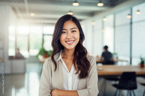 Beautiful Asian lady in business attire smiling in the city office smiling happily and confidently