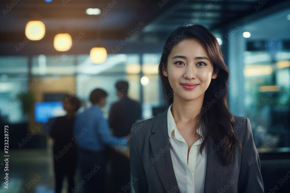 Beautiful Asian lady in business attire smiling in the city office smiling happily and confidently