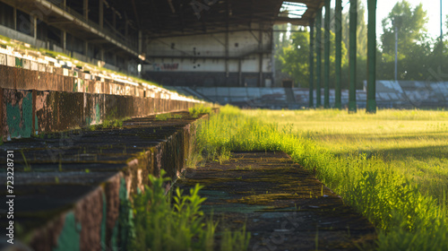An empty sports stadium with overgrown grass and fading paint.