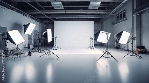 A professional photo studio equipped with various lighting equipment. Ideal for photographers and photography enthusiasts.