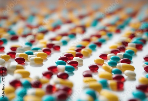 Many of colorful pills in blister packs in a row isolated on white background with copy space Pharma