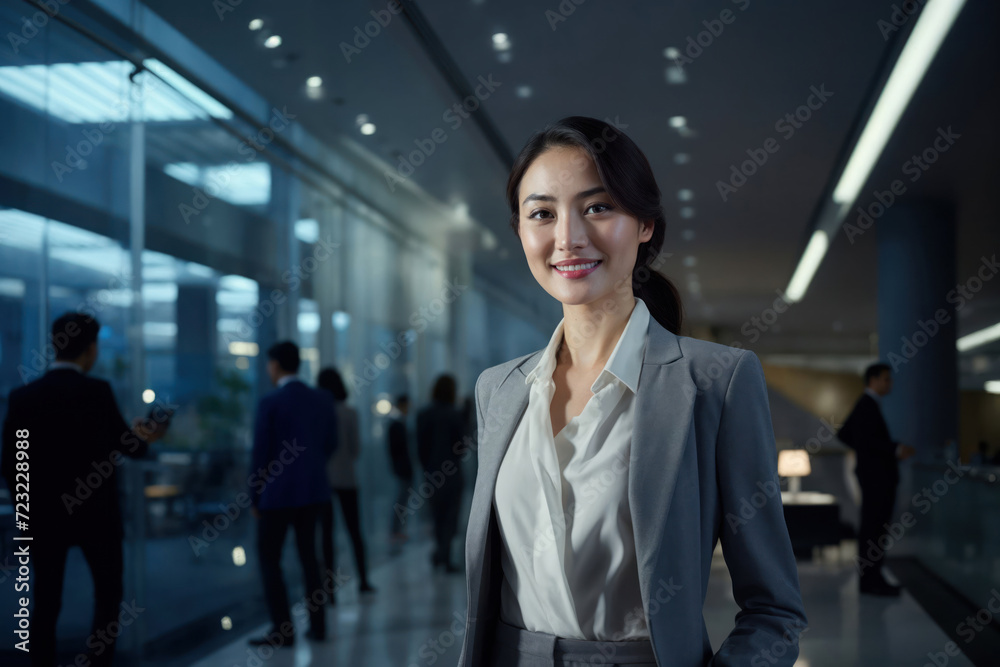 Beautiful Asian lady in business attire smiling in the city office smiling happily and confidently Beautiful Asian lady in business attire smiling in the city office smiling happily and confidently